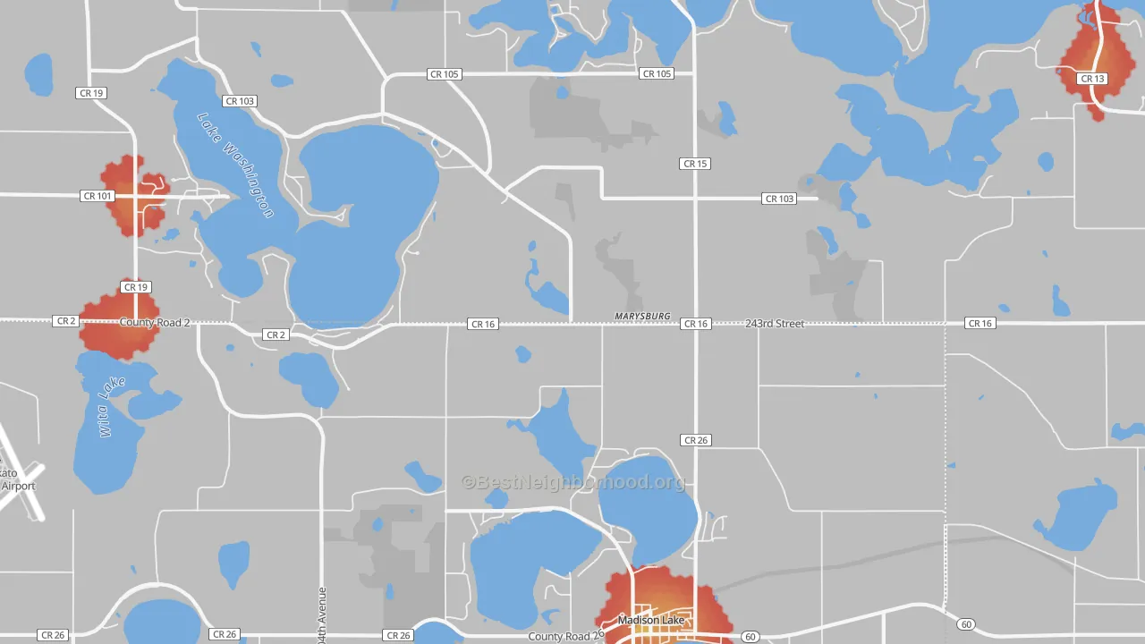 Walk Grade map of Marysburg, MN, walkable areas in green and car-dependent areas in red