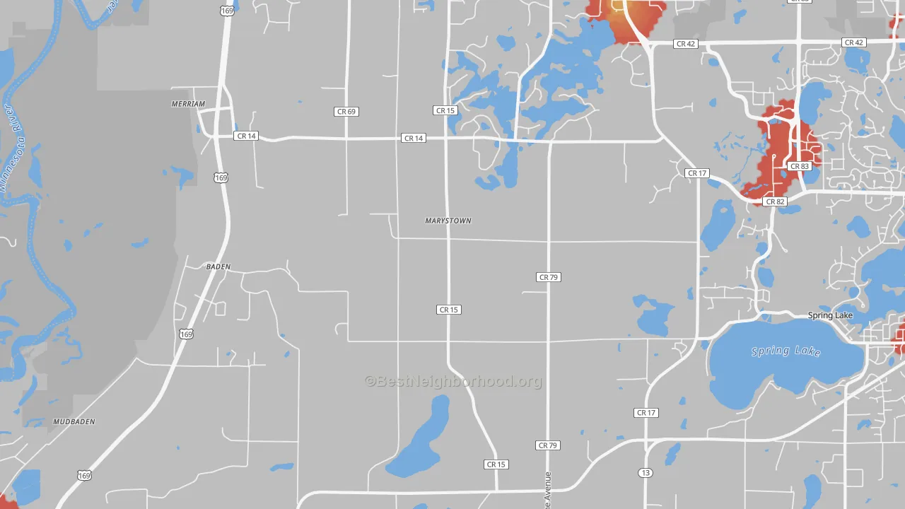 Walk Grade map of Marystown, MN, walkable areas in green and car-dependent areas in red