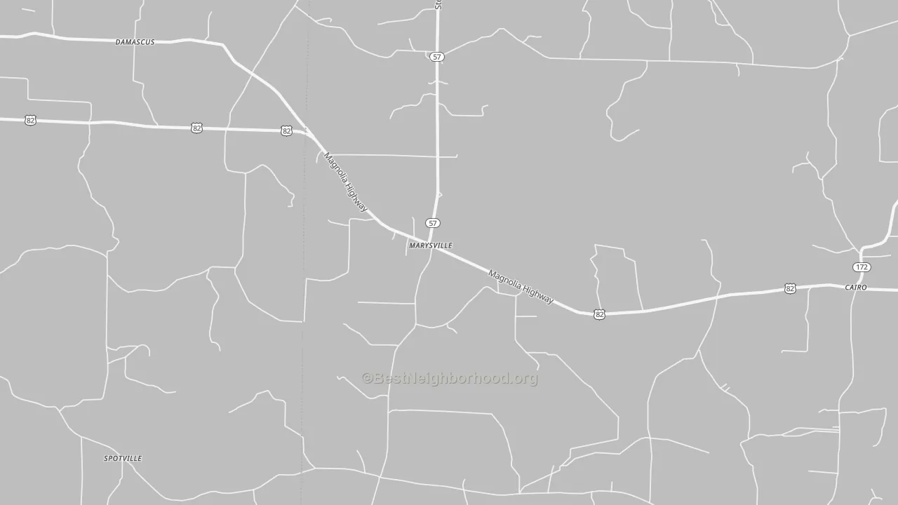 Walk Grade map of Marysville, AR, walkable areas in green and car-dependent areas in red