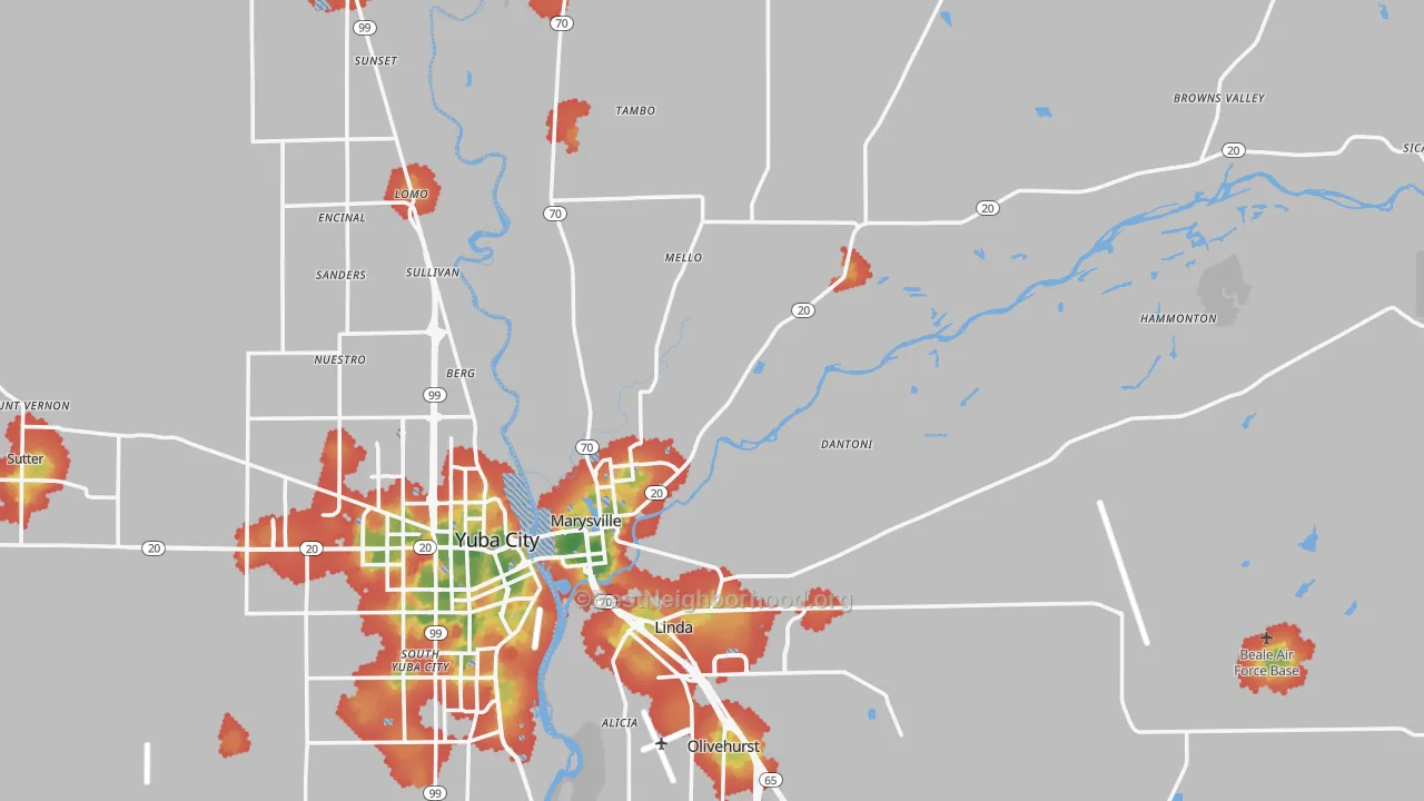 Walk Grade map of Marysville, CA, walkable areas in green and car-dependent areas in red
