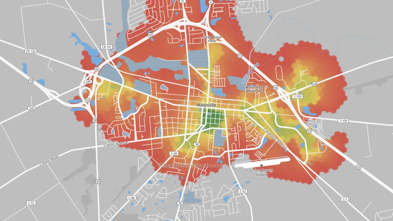Walk Grade map of Marysville Historic District, Marysville, OH, walkable areas in green and car-dependent areas in red