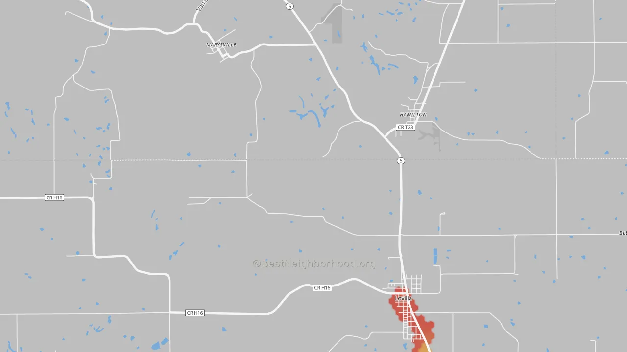 Walk Grade map of Marysville, IA, walkable areas in green and car-dependent areas in red
