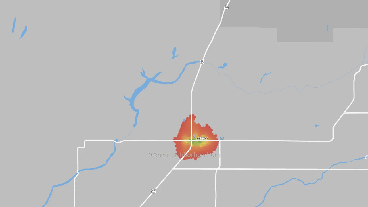 Walk Grade map of Marysville, ID, walkable areas in green and car-dependent areas in red