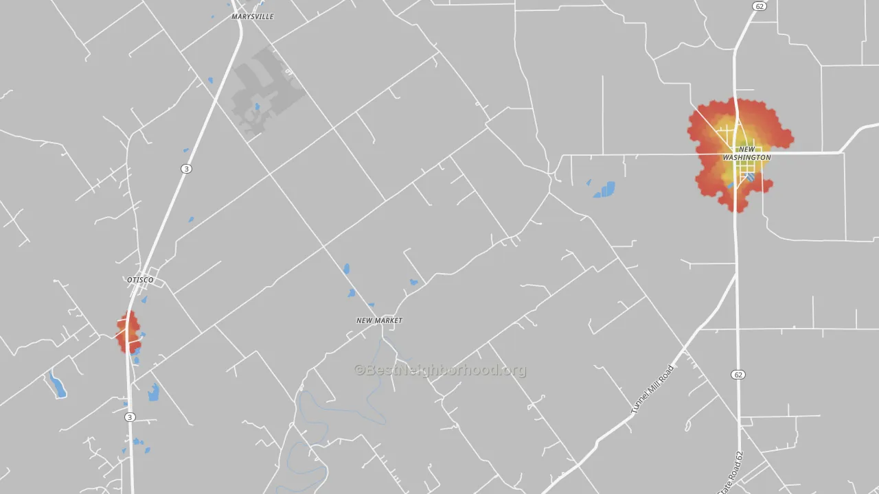 Walk Grade map of Marysville, IN, walkable areas in green and car-dependent areas in red