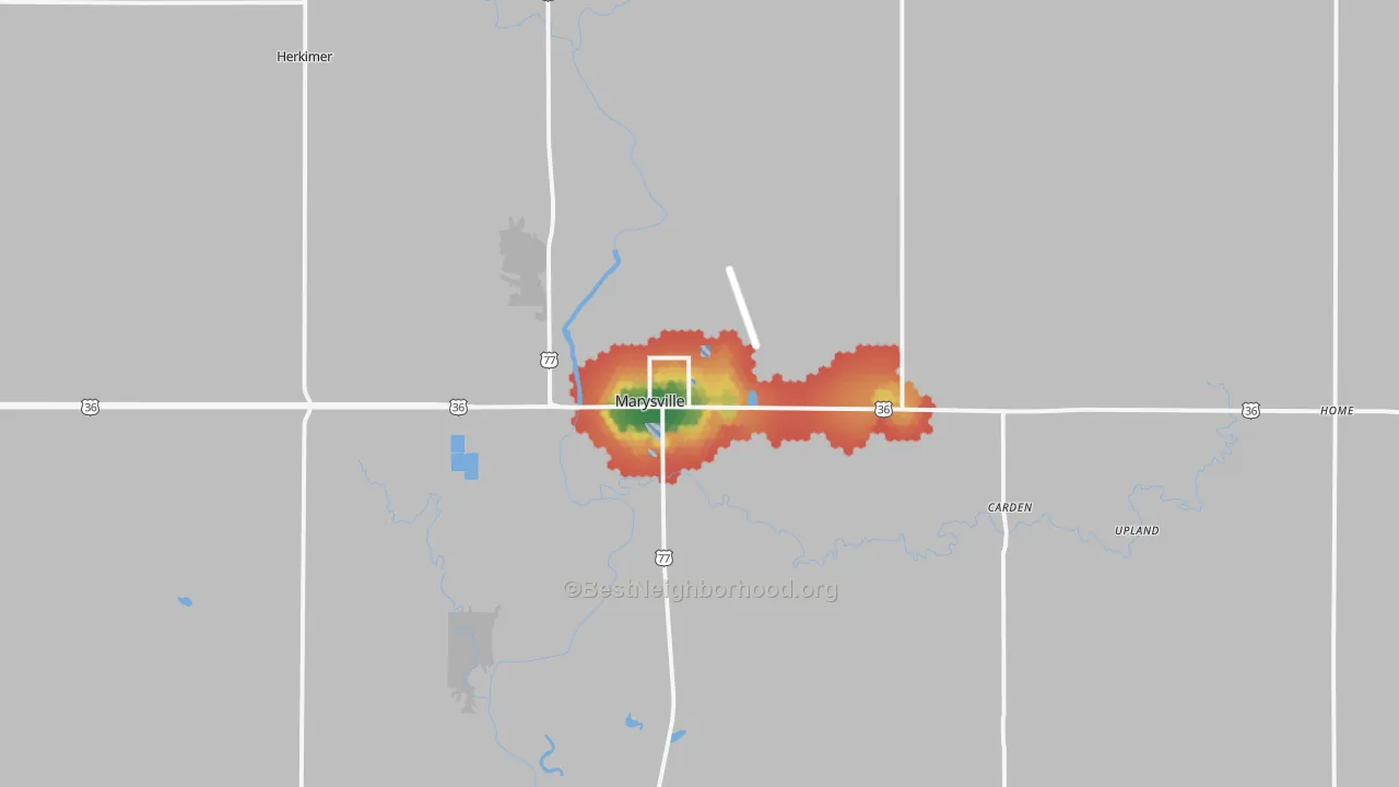 Walk Grade map of Marysville, KS, walkable areas in green and car-dependent areas in red