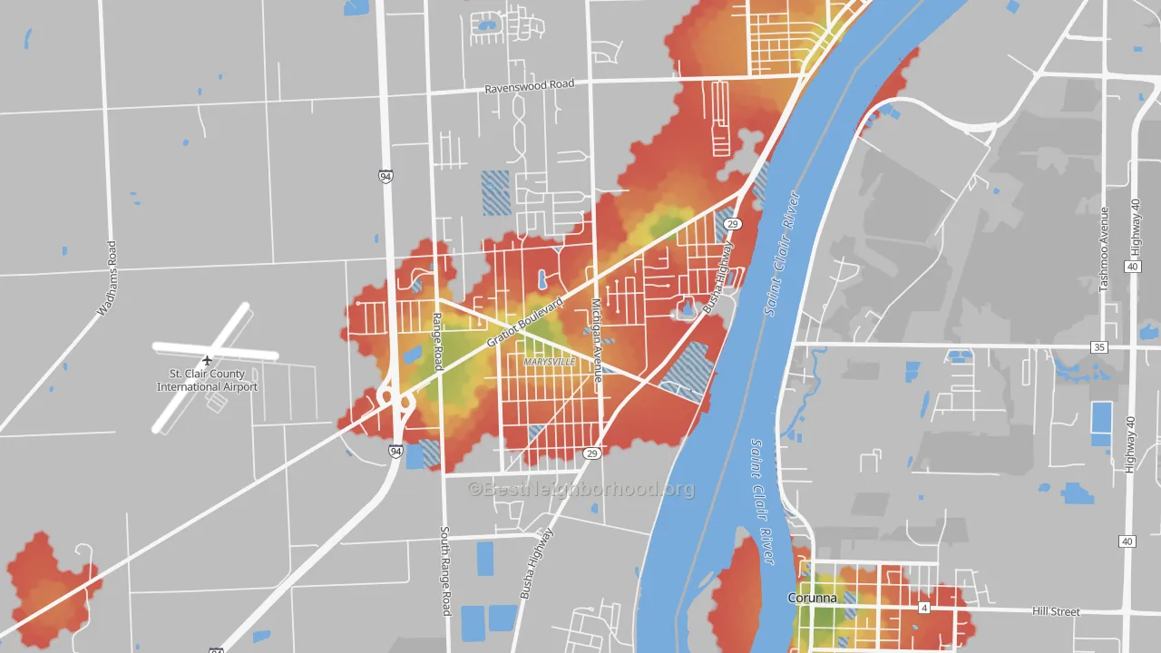 Walk Grade map of Marysville, MI, walkable areas in green and car-dependent areas in red