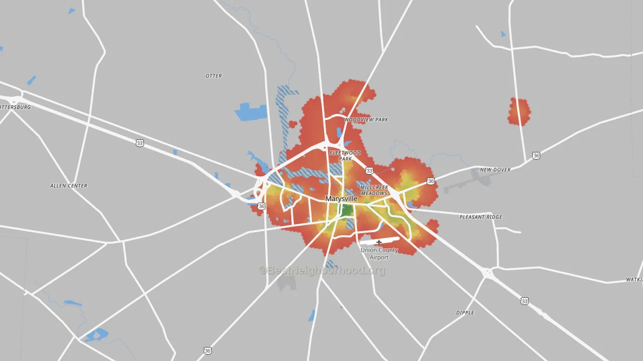 Walk Grade map of Marysville, OH, walkable areas in green and car-dependent areas in red