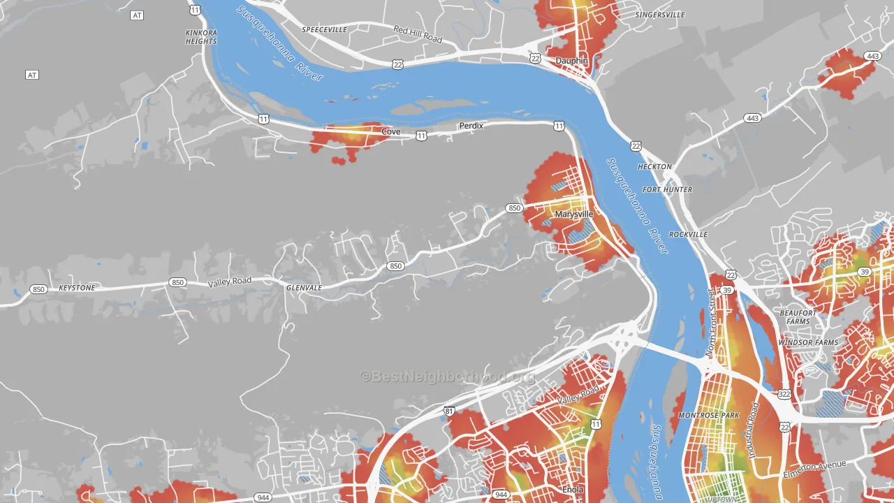 Walk Grade map of Marysville, PA, walkable areas in green and car-dependent areas in red