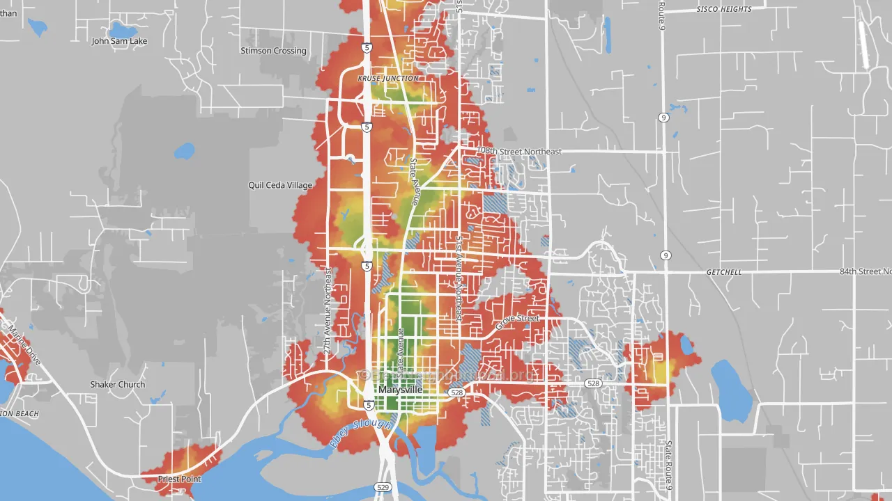 Walk Grade map of Marysville, WA, walkable areas in green and car-dependent areas in red