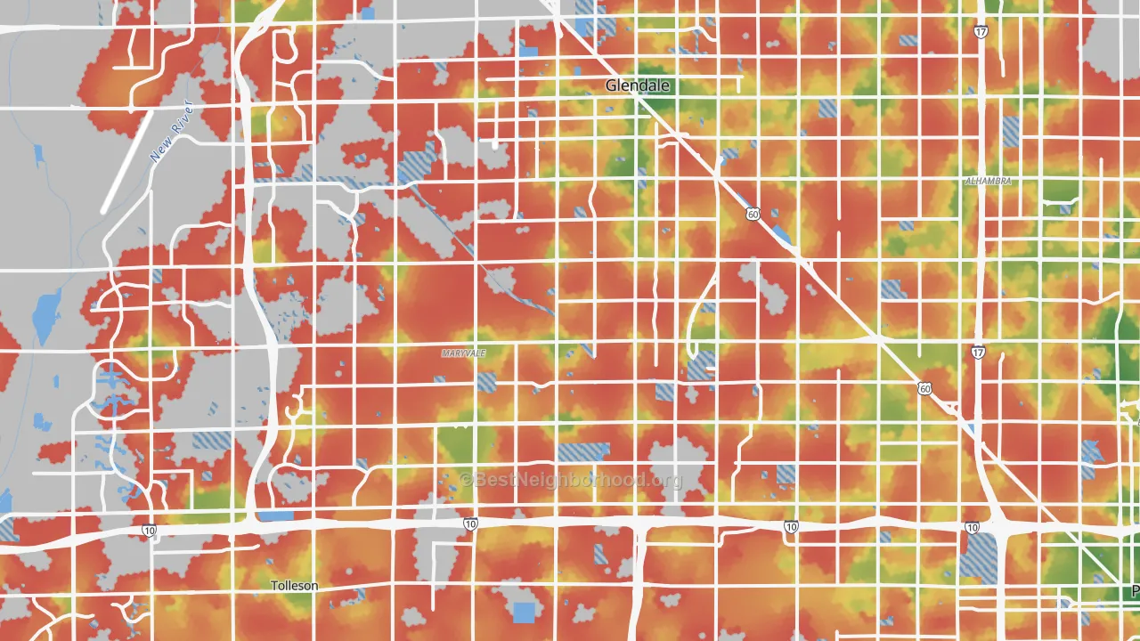 Walk Grade map of Maryvale, Phoenix, AZ, walkable areas in green and car-dependent areas in red