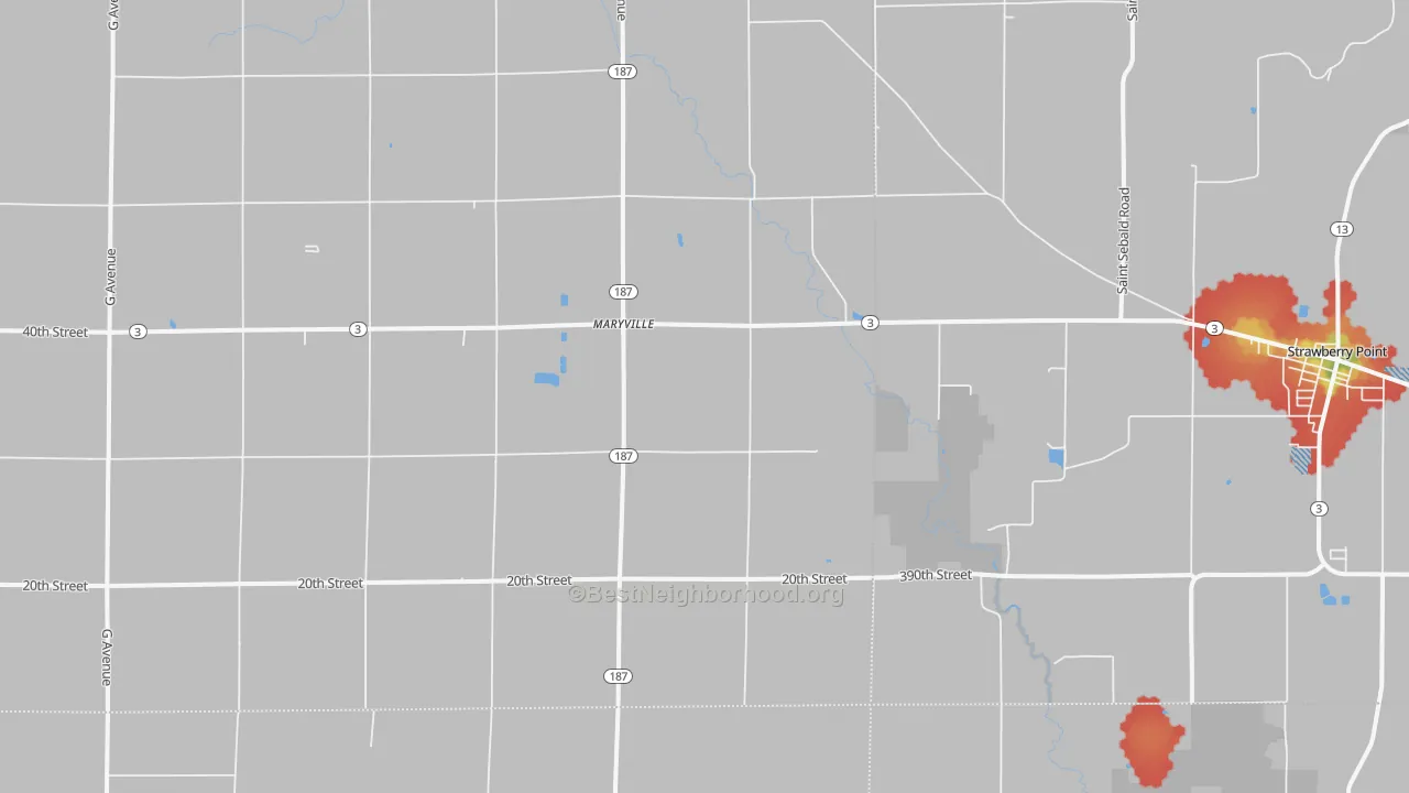 Walk Grade map of Maryville, IA, walkable areas in green and car-dependent areas in red