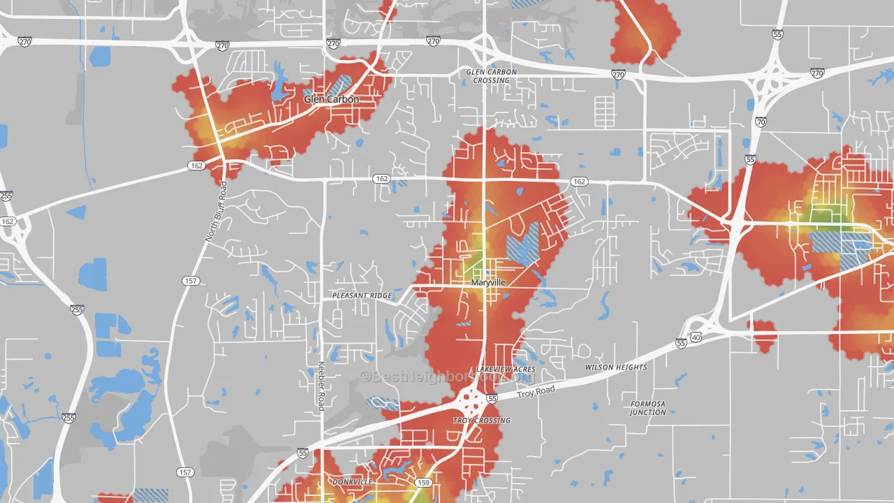 Walk Grade map of Maryville, IL, walkable areas in green and car-dependent areas in red