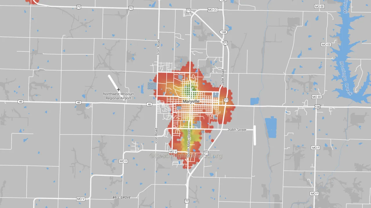 Walk Grade map of Maryville, MO, walkable areas in green and car-dependent areas in red