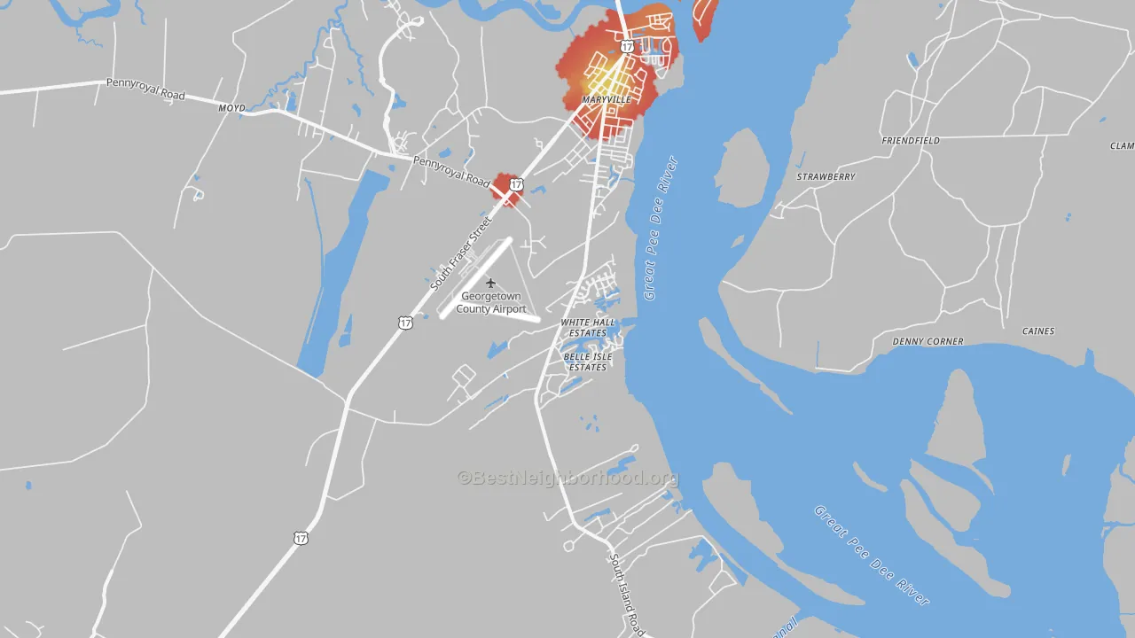 Walk Grade map of Maryville, SC, walkable areas in green and car-dependent areas in red