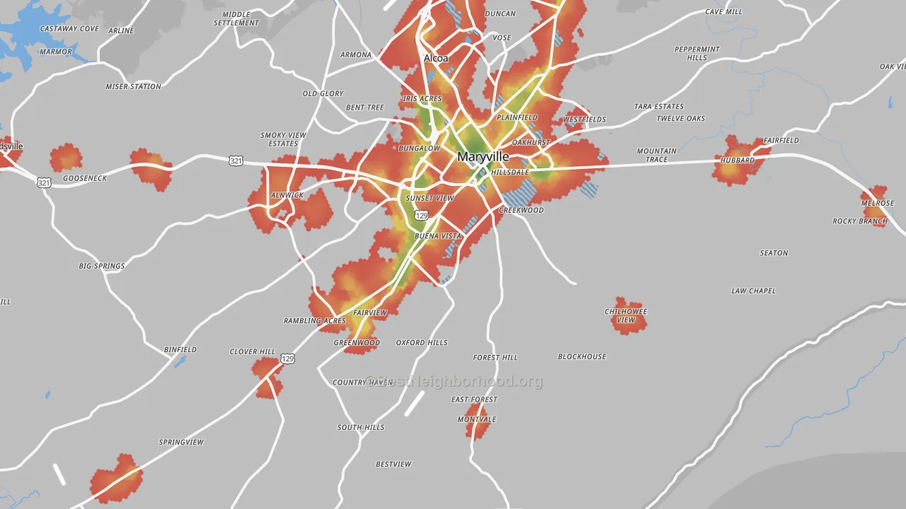 Walk Grade map of Maryville, TN, walkable areas in green and car-dependent areas in red