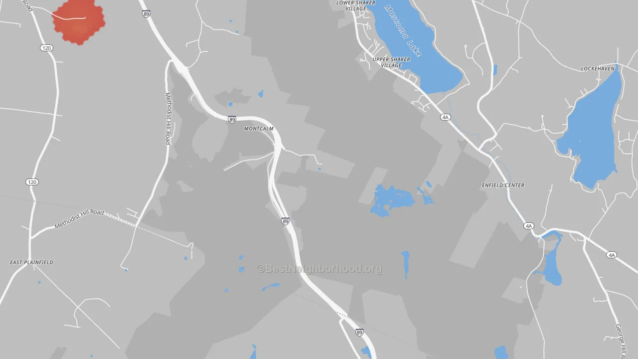 Walk Grade map of Mascoma, NH, walkable areas in green and car-dependent areas in red