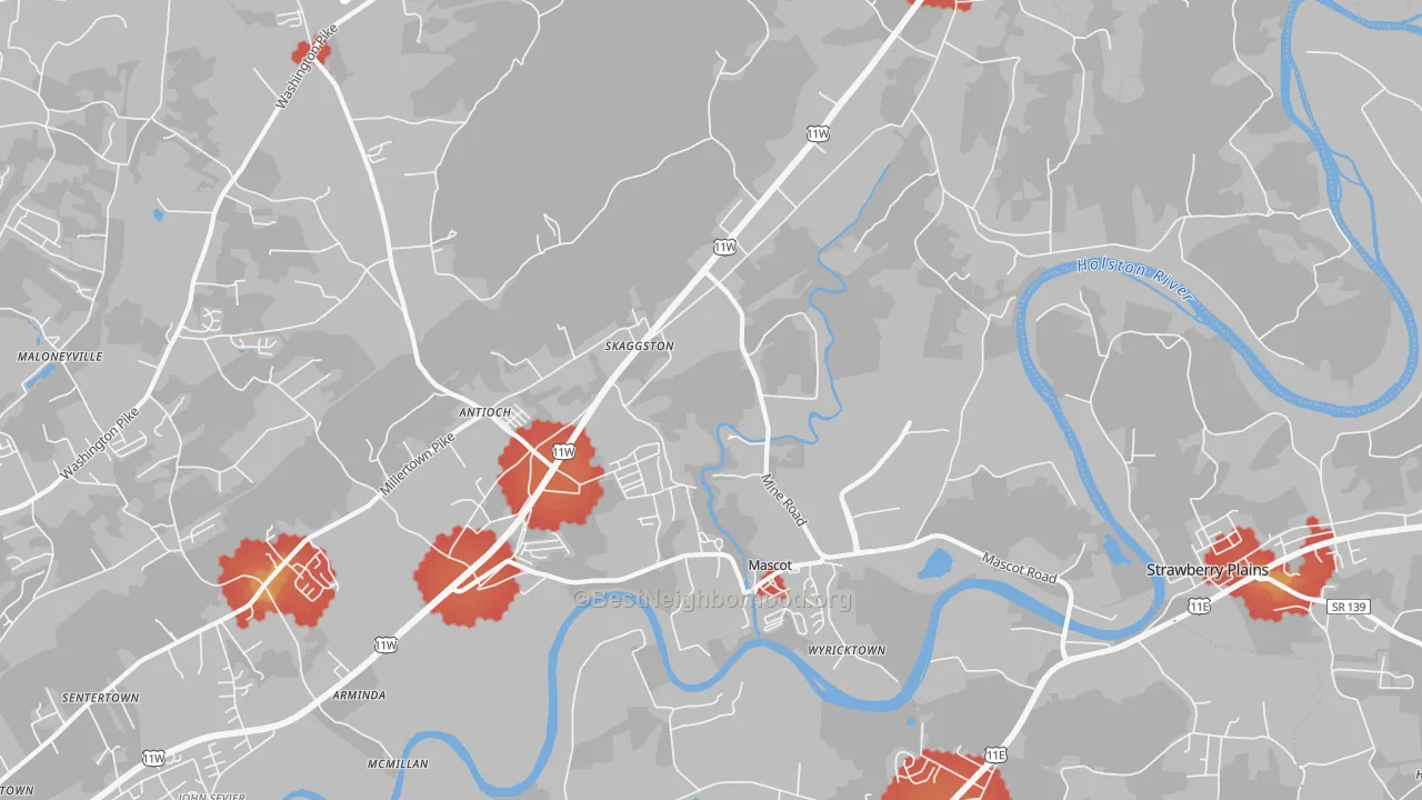 Walk Grade map of Mascot, TN, walkable areas in green and car-dependent areas in red
