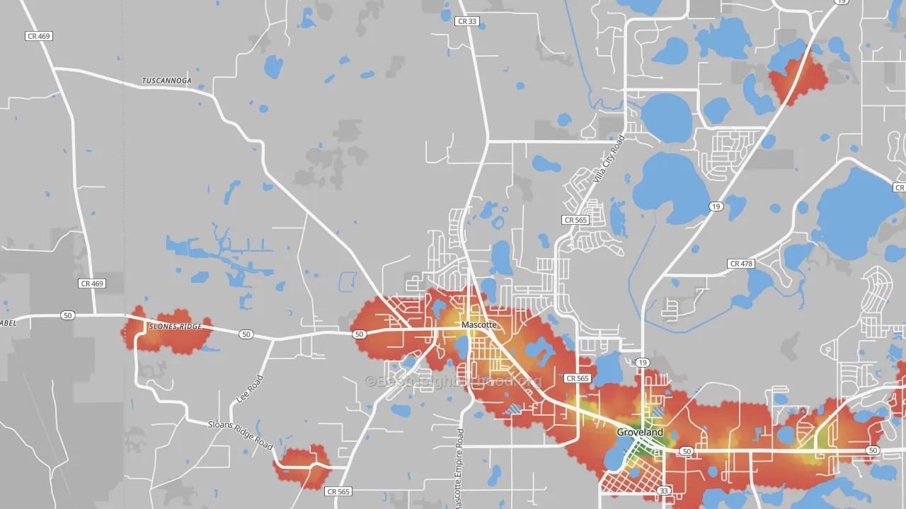 Walk Grade map of Mascotte, FL, walkable areas in green and car-dependent areas in red
