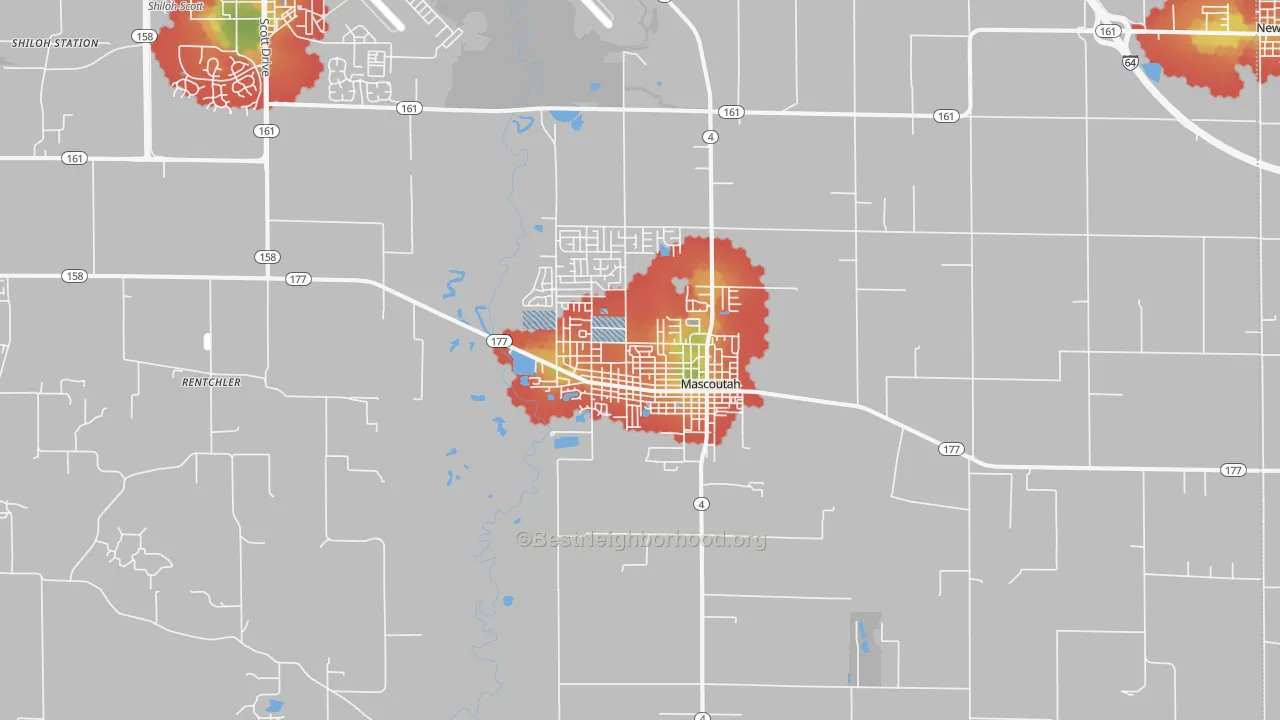 Walk Grade map of Mascoutah, IL, walkable areas in green and car-dependent areas in red