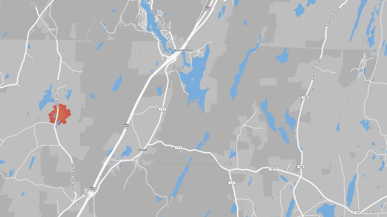 Walk Grade map of Mashapaug, CT, walkable areas in green and car-dependent areas in red