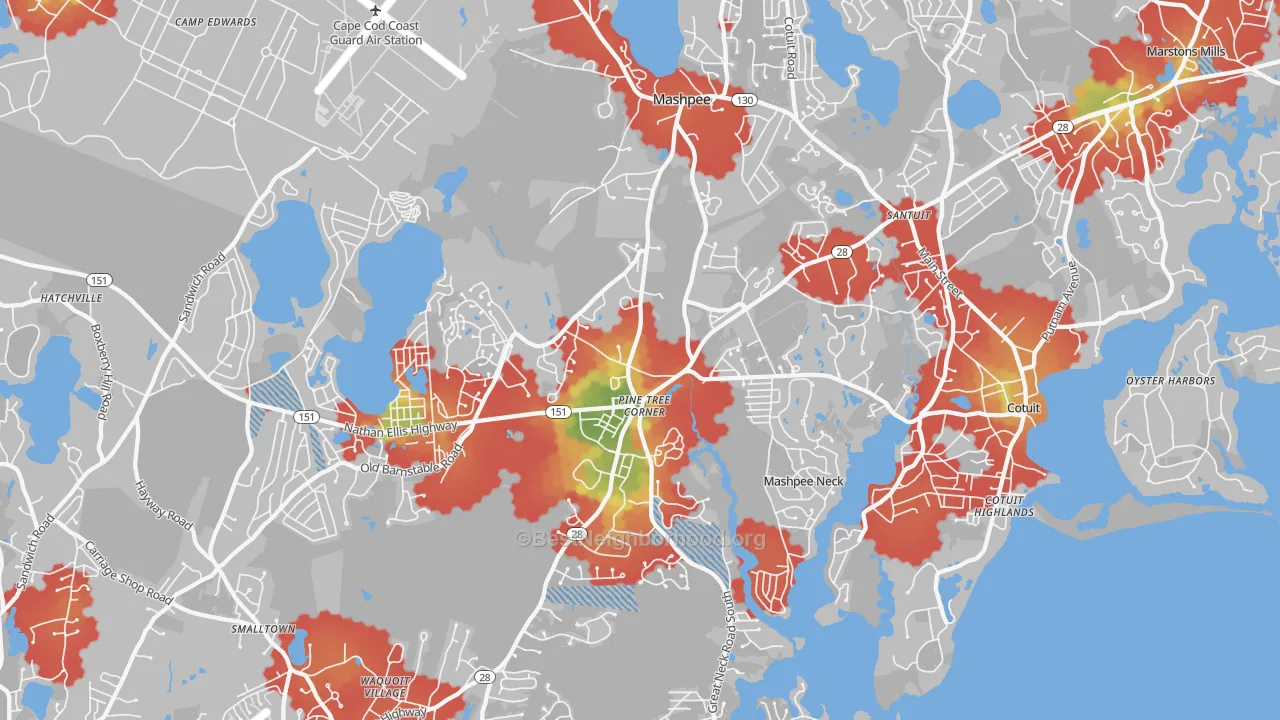 Walk Grade map of Mashpee, MA, walkable areas in green and car-dependent areas in red