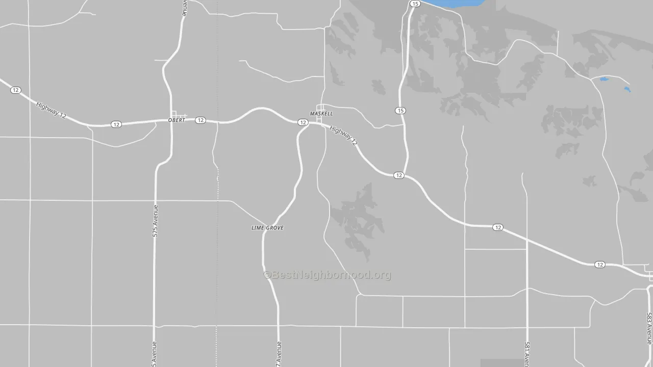 Walk Grade map of Maskell, NE, walkable areas in green and car-dependent areas in red