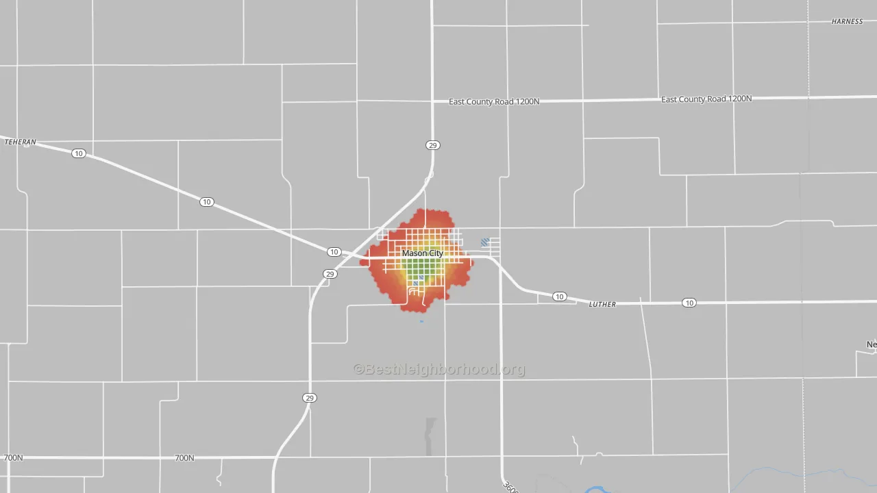 Walk Grade map of Mason City, IL, walkable areas in green and car-dependent areas in red