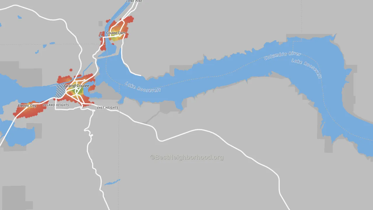 Walk Grade map of Mason City, WA, walkable areas in green and car-dependent areas in red