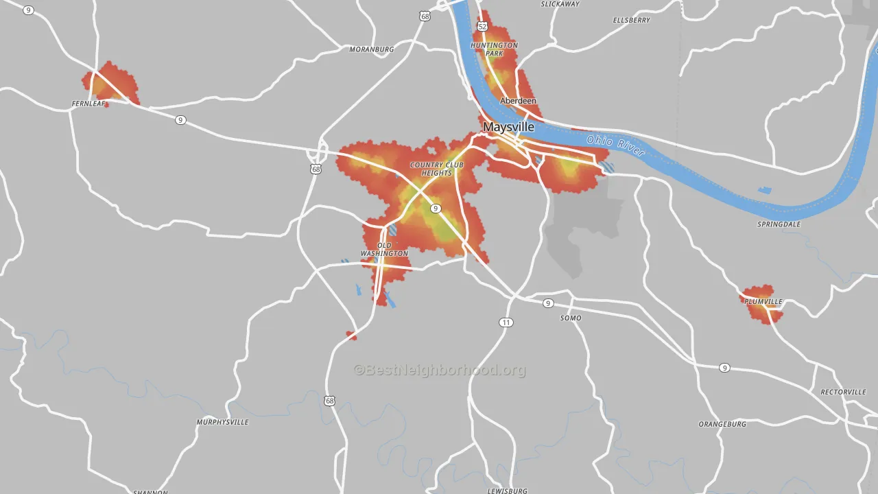 Walk Grade map of Mason County, KY, walkable areas in green and car-dependent areas in red