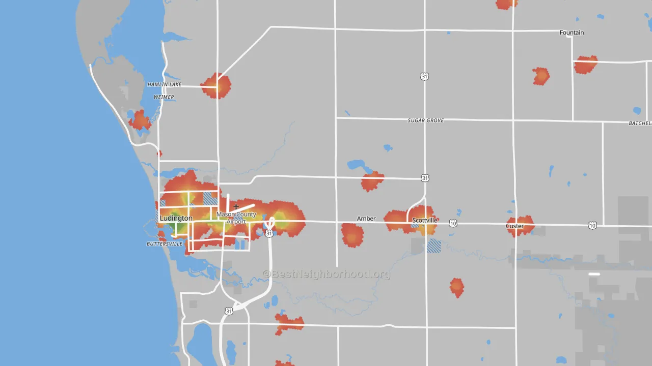 Walk Grade map of Mason County, MI, walkable areas in green and car-dependent areas in red