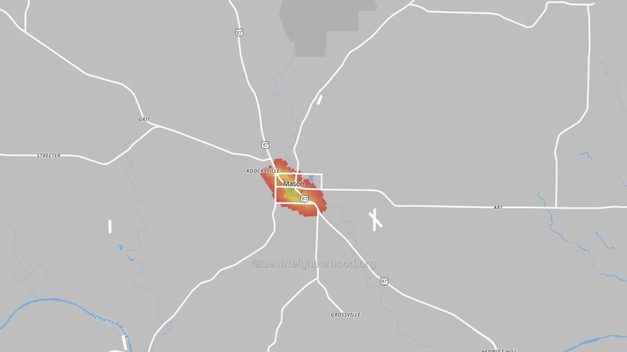 Walk Grade map of Mason County, TX, walkable areas in green and car-dependent areas in red