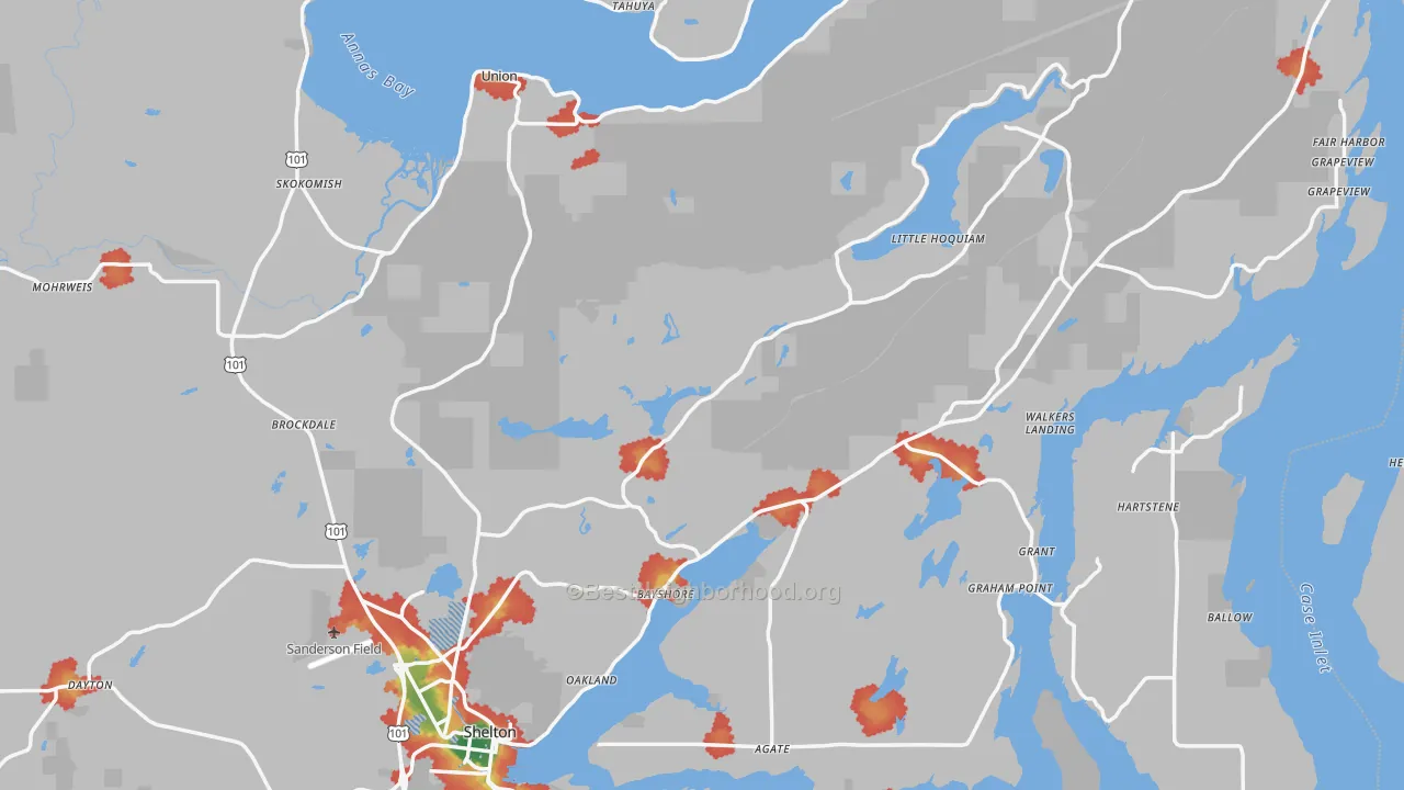 Walk Grade map of Mason County, WA, walkable areas in green and car-dependent areas in red