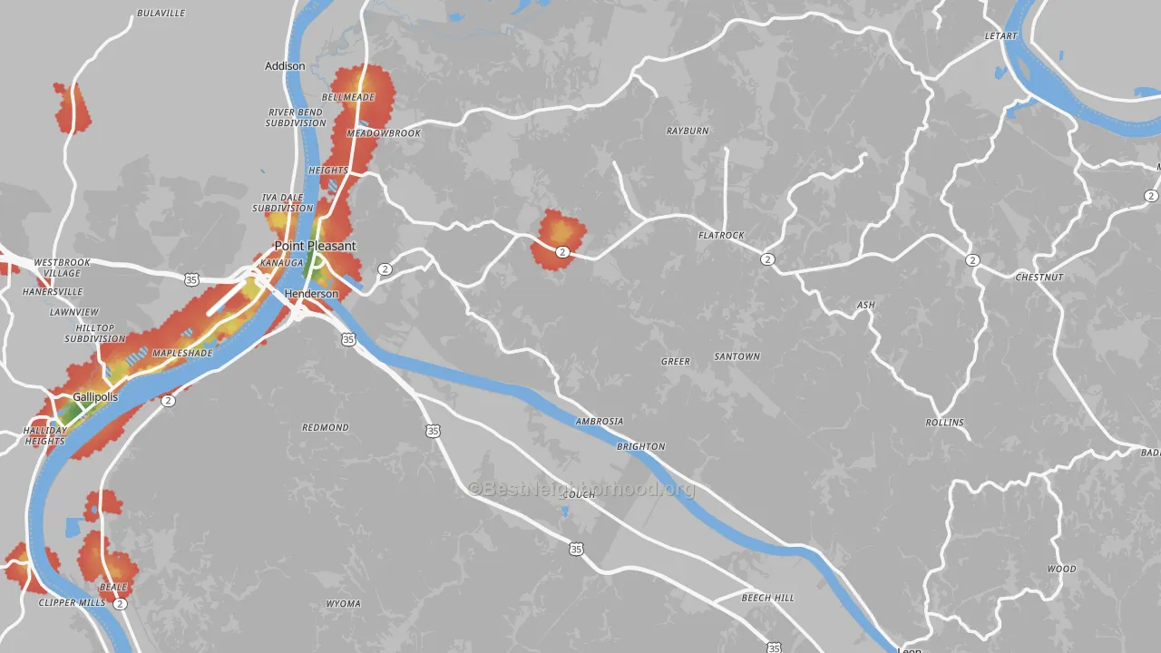 Walk Grade map of Mason County, WV, walkable areas in green and car-dependent areas in red