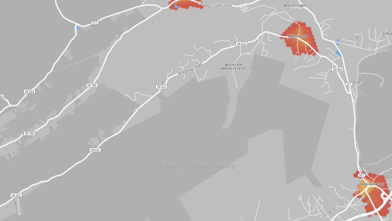 Walk Grade map of Mason Cove, VA, walkable areas in green and car-dependent areas in red