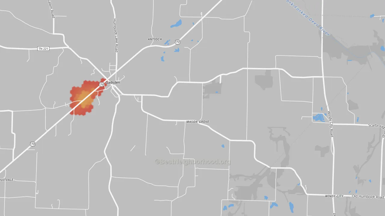 Walk Grade map of Mason Grove, TN, walkable areas in green and car-dependent areas in red