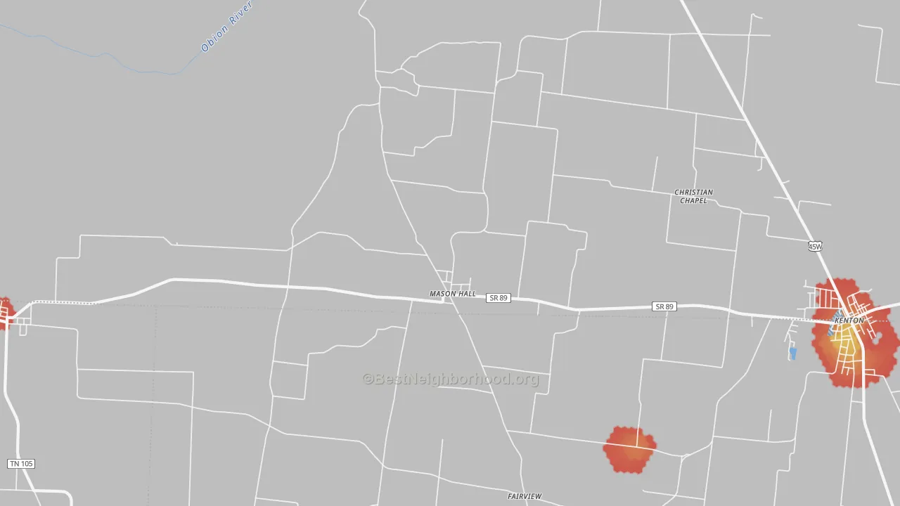 Walk Grade map of Mason Hall, TN, walkable areas in green and car-dependent areas in red