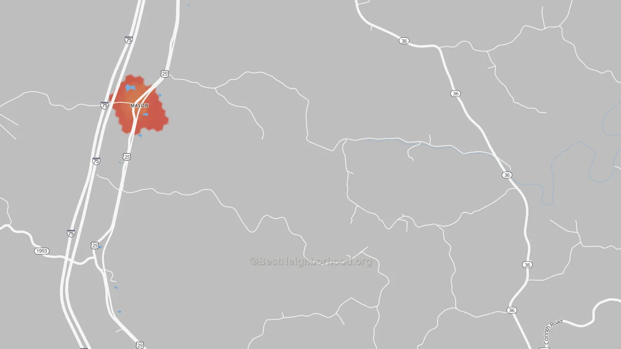 Walk Grade map of Mason, KY, walkable areas in green and car-dependent areas in red