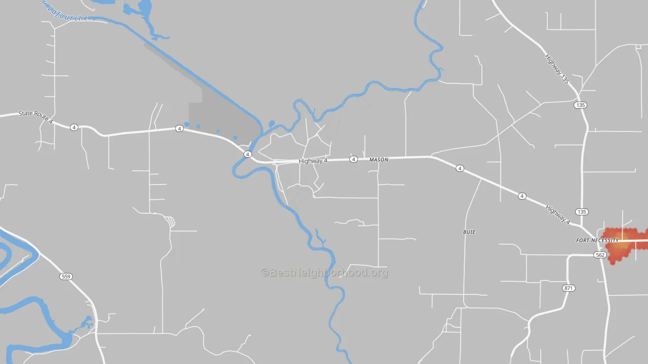 Walk Grade map of Mason, LA, walkable areas in green and car-dependent areas in red