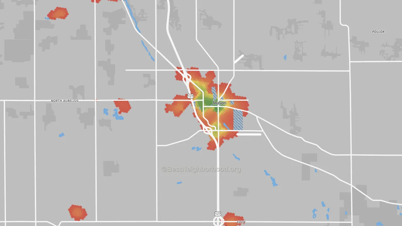 Walk Grade map of Mason, MI, walkable areas in green and car-dependent areas in red