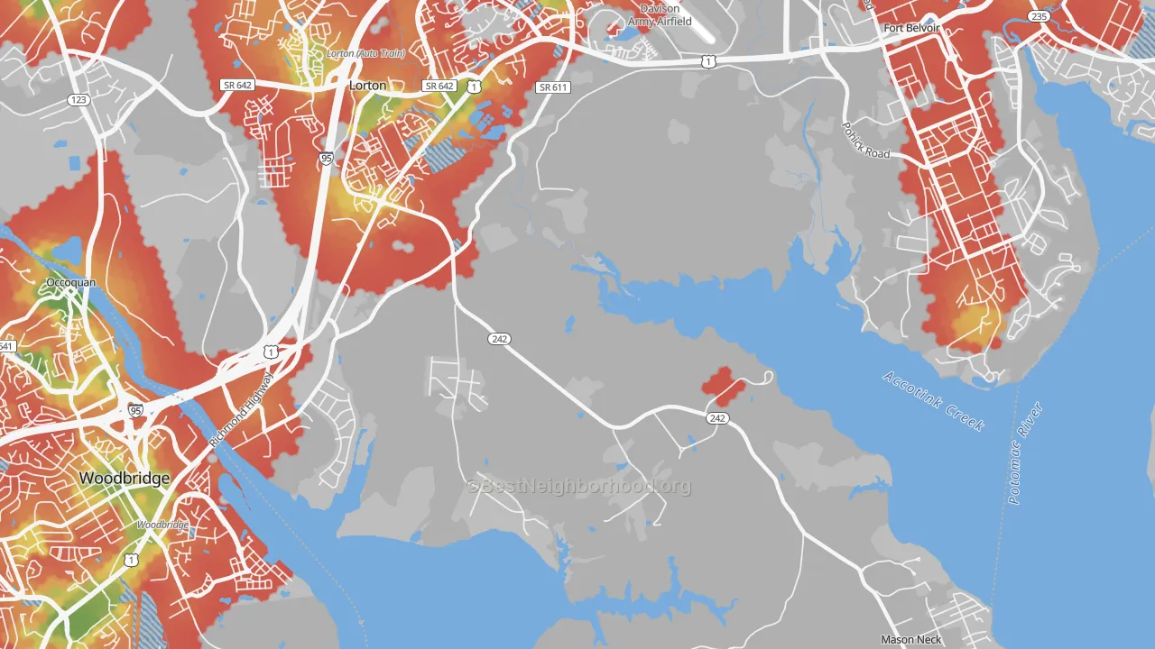 Walk Grade map of Mason Neck, VA, walkable areas in green and car-dependent areas in red