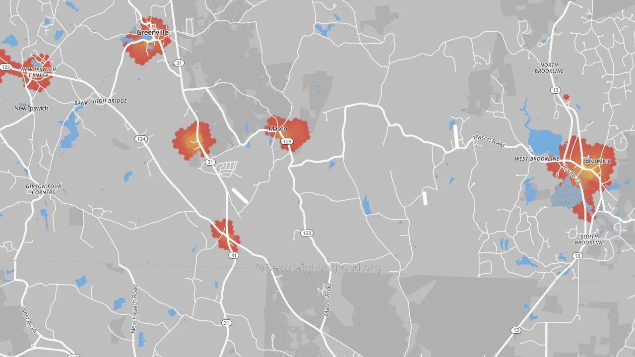Walk Grade map of Mason, NH, walkable areas in green and car-dependent areas in red