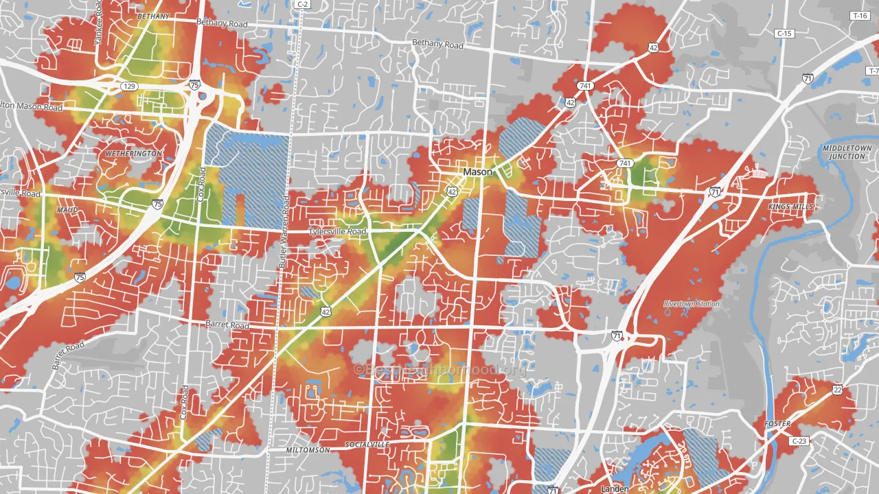 Walk Grade map of Mason, OH, walkable areas in green and car-dependent areas in red