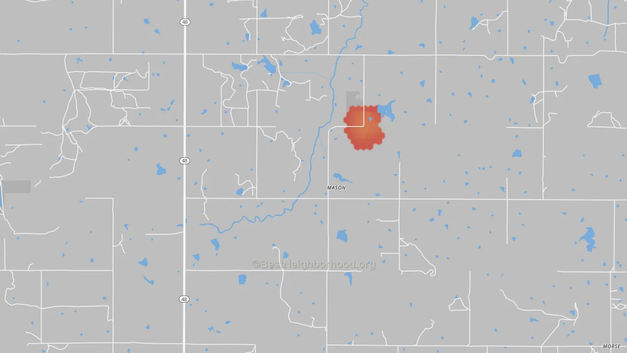 Walk Grade map of Mason, OK, walkable areas in green and car-dependent areas in red