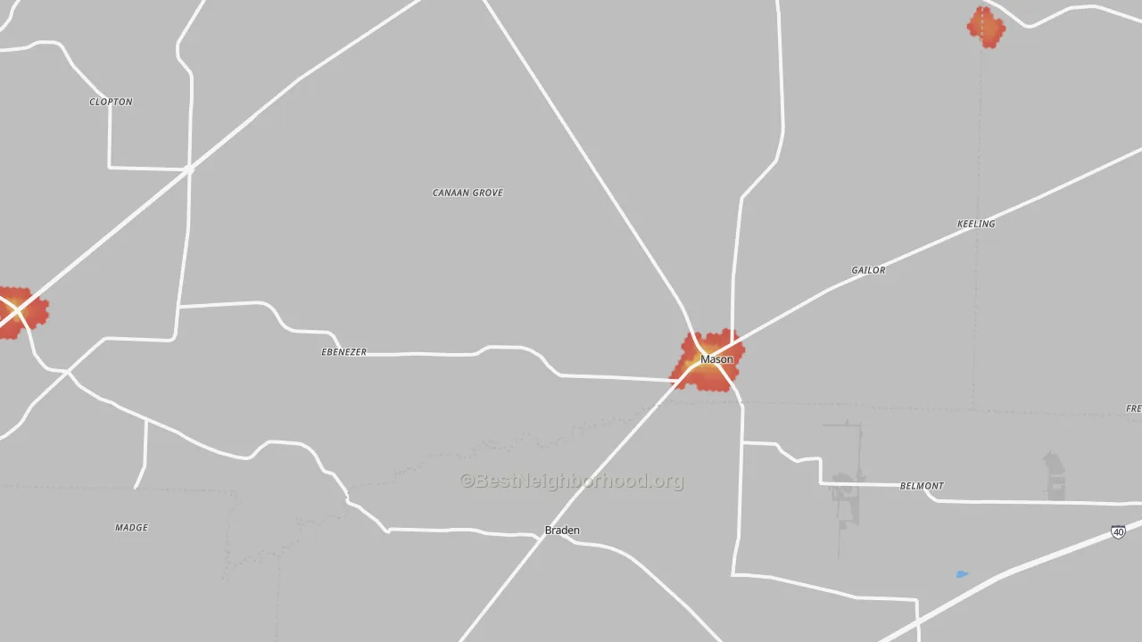 Walk Grade map of Mason, TN, walkable areas in green and car-dependent areas in red