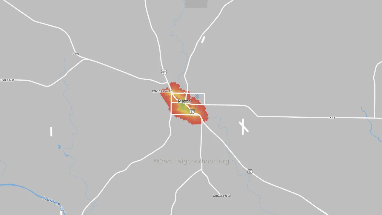 Walk Grade map of Mason, TX, walkable areas in green and car-dependent areas in red
