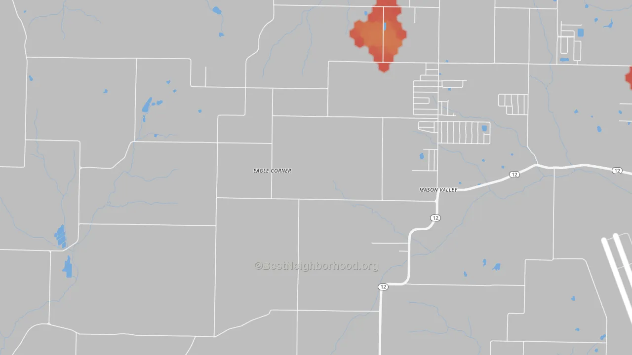 Walk Grade map of Mason Valley, AR, walkable areas in green and car-dependent areas in red