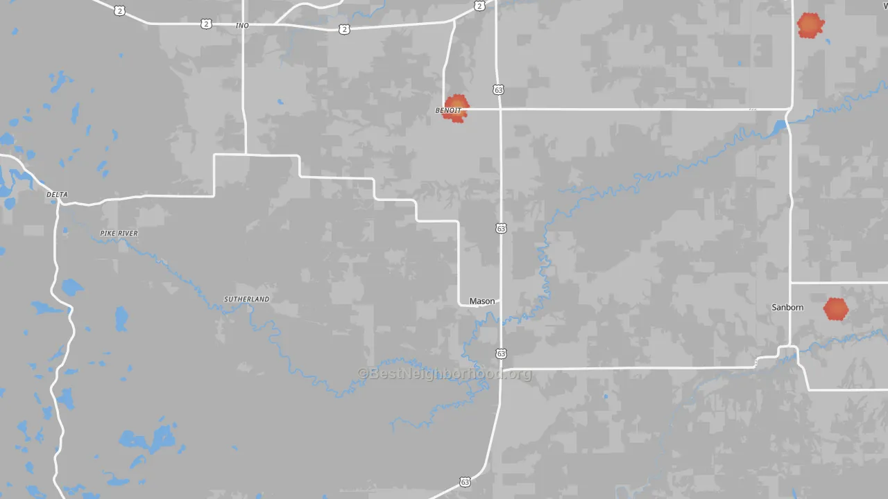 Walk Grade map of Mason, WI, walkable areas in green and car-dependent areas in red
