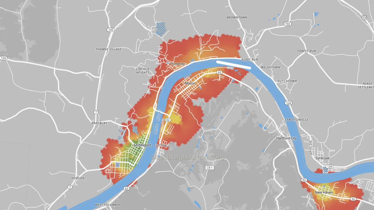 Walk Grade map of Mason, WV, walkable areas in green and car-dependent areas in red