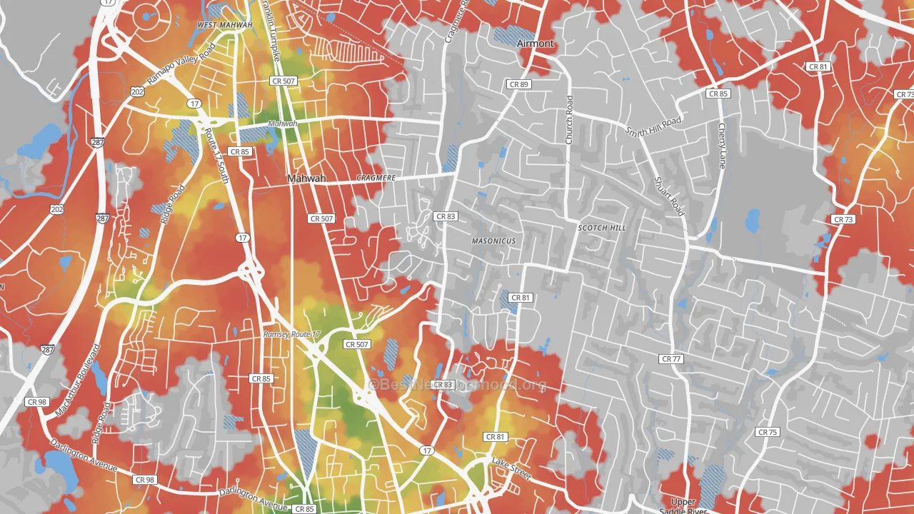 Walk Grade map of Masonicus, Mahwah, NJ, walkable areas in green and car-dependent areas in red