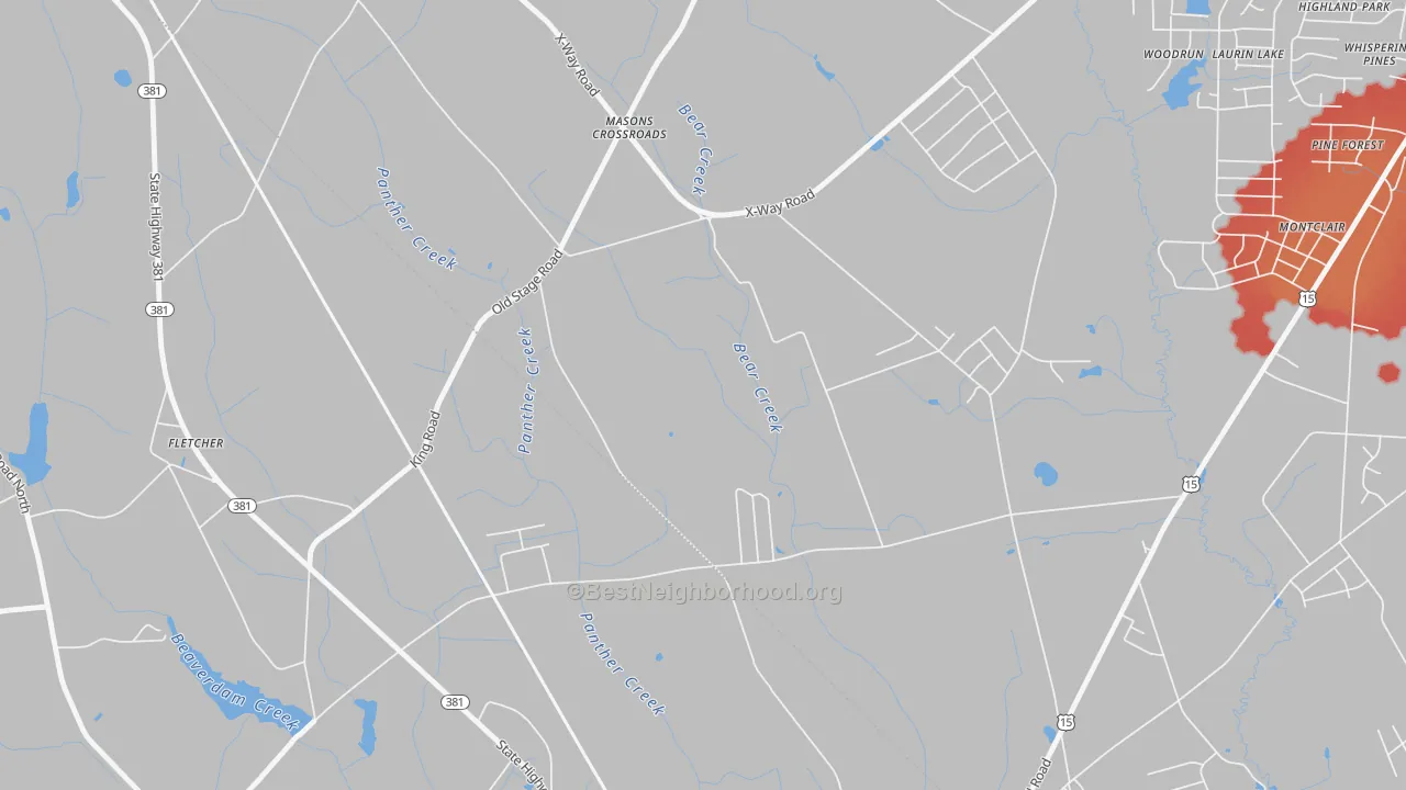 Walk Grade map of Masons Crossroads, NC, walkable areas in green and car-dependent areas in red